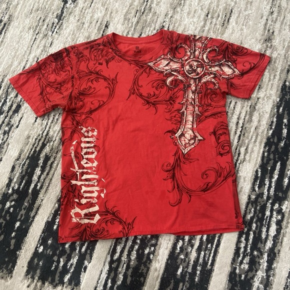 Vintage Affliction Black Y2K Georges St-Pierre Cross Red AOP Shirt Sz Large - Picture 2 of 6